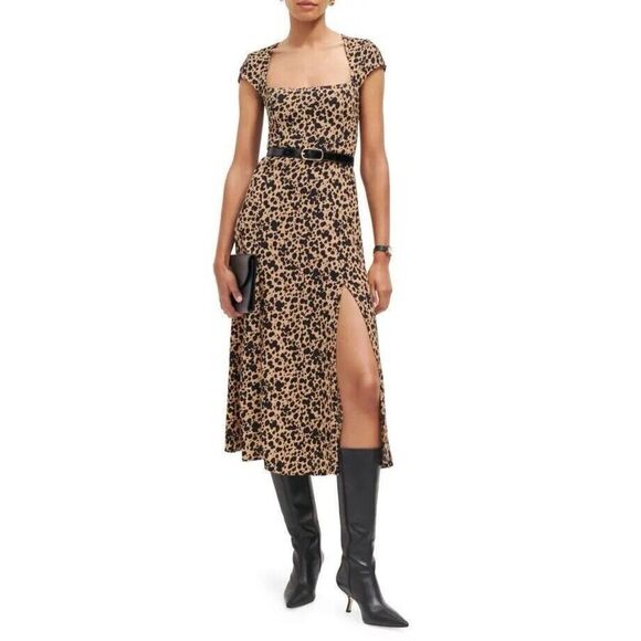 Reformation Dresses & Skirts - Reformation Elton Midi Dress Womens Size 0 Leopard Print Cutout Short Sleeve